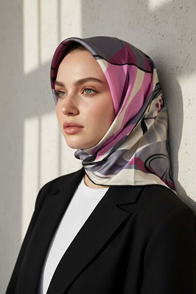 Vissona 100% Twill Silk Floral Patterned Gray - Black Colored 90X90 Scarf Sew...