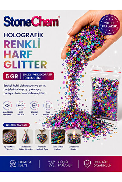 stonechem Holografik Renkli Harf Glitter 5 gr Epoksi ve Dekoratif Süsleme Simi