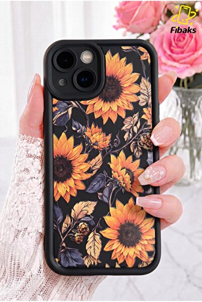 Fibaks iPhone 13/14 Kılıf Yumuşak Dokulu Ayçiçeği Desenli Yumuşak Kamera Koru...