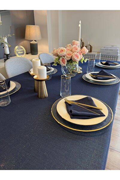 Decamor home Royal Linen Textured Glittery Navy Blue Tablecloth (Napkins Not ...