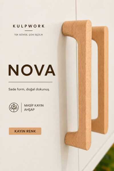 Kulpwork NOVA Kayın Renk Masif Ahşap Mobilya Mutfak Dolap ve Çekmece Kulpu Na...