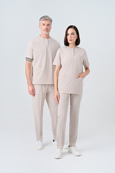 ÇİZGİ MEDİKAL Cream Cool Best Lycra Scrubs Suit Reversible Stretchy Fabric Do...