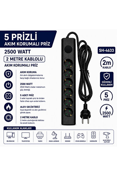 AŞIK STORE SH-4633 5’li Akım Korumalı Priz 2500W 2 Metre Kablolu Anahtarlı To...