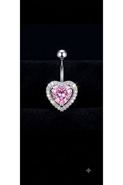 AyçaSilver Pembe Kalpli Cerrahi Çelik Zirkon Taşlı Göbek Piercing