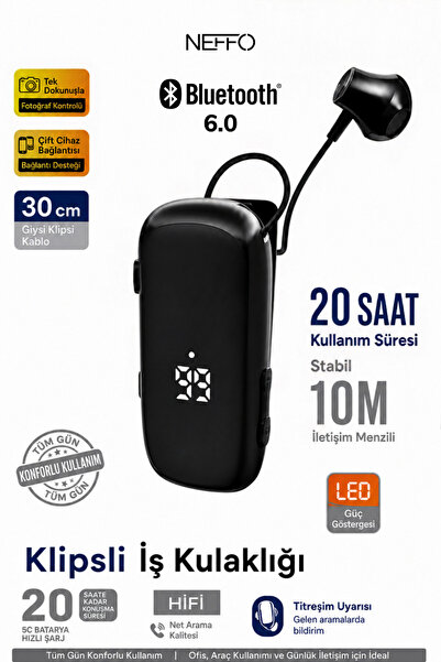 NEFFO Makaralı Bluetooth Kulaklık Klipsli İş Kulaklığı LED Gösterge Titreşim ...