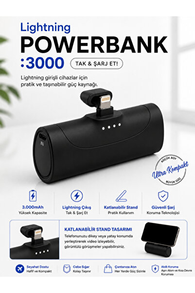 ÇELİKWORK 3000mAh iPhone Lightning Uyumlu Mini Powerbank Taşınabilir Güç Bank...