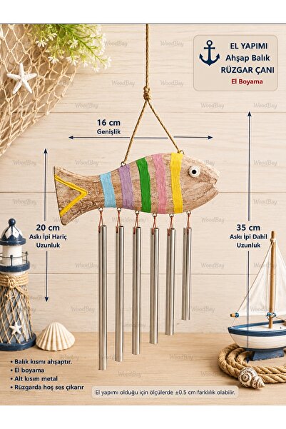WoodBay El Yapımı Ahşap Balık Rüzgar Çanı 35 cm – Metal Çanlı Dekoratif Balko...