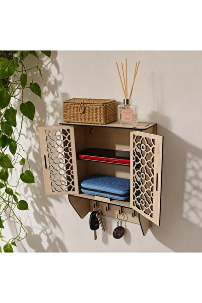 Kapaklı Raflı Duvar Anahtarlığı Akçaağaç Desenli MDF Antre Organizeri 28x21 cm