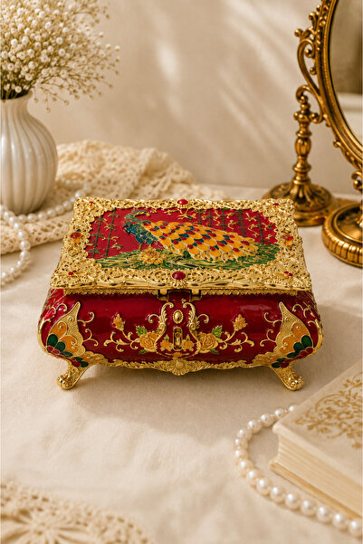 RASHA COLLECTION Red Color Embossed Patterned Vintage Footed Jewelry Box