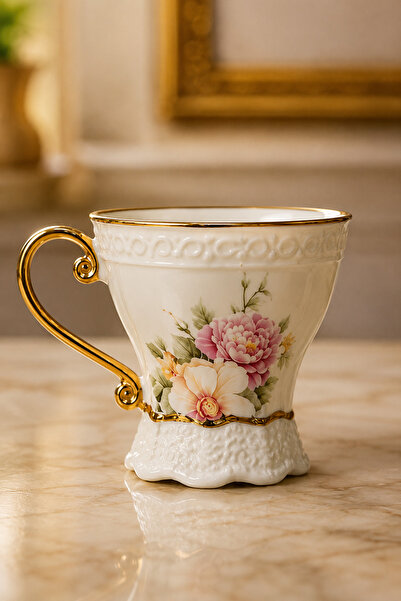 İnterlife Porcelain Mug Cup with Gold Detail and Floral Pattern for Coffee an...