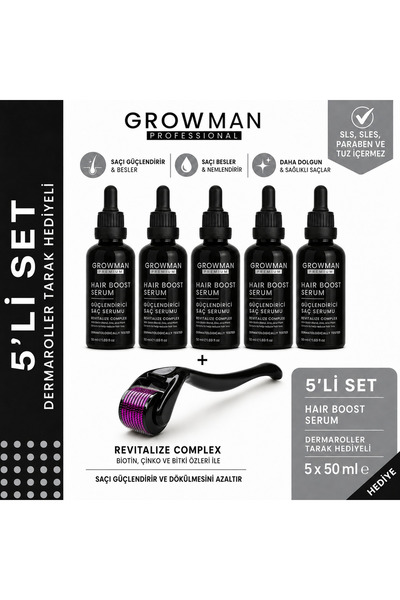 growman Serum 50 ML x5 + Dermaroller Tarak Hediyeli Set – 150 Günlük Yoğun Bakım