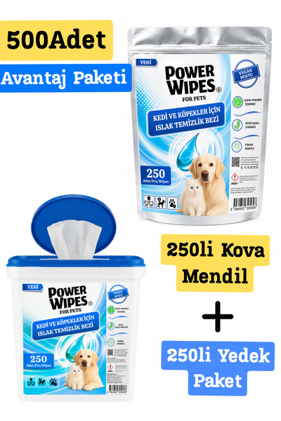 Power Wipes Kedi Köpek Islak Mendil 500 Yaprak (250+250) Kova + Refill Yedek ...