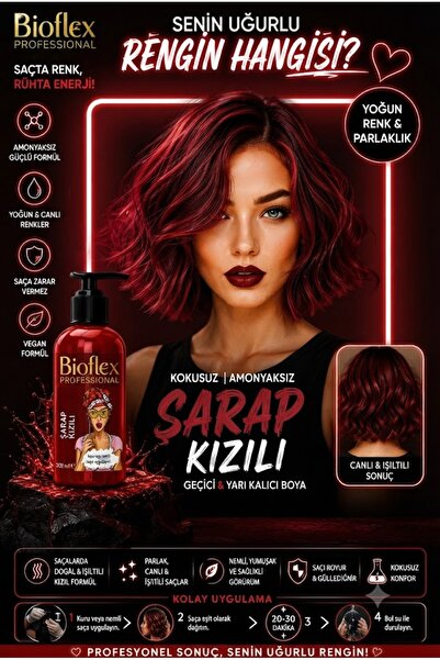 Bioflex Amonyaksız Şarap Kızılı Saç Boyası 250 ml Kokusuz Su Bazlı Geçici-ren...