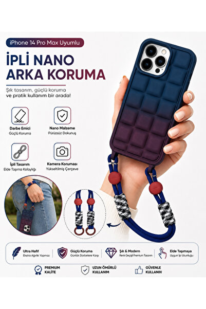 Nettech iPhone 14 Pro Max Askılı Kılıf İpli Premium Silikon Darbe Korumalı Te...