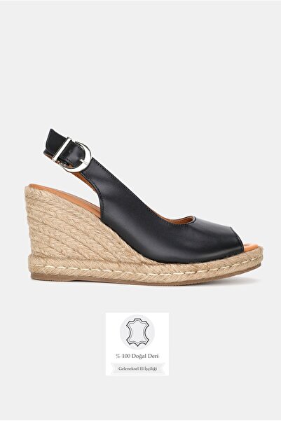 TUNAELLİ Women's Black Genuine Leather 36-41 Size Wedge Heel Daily Espadrilles