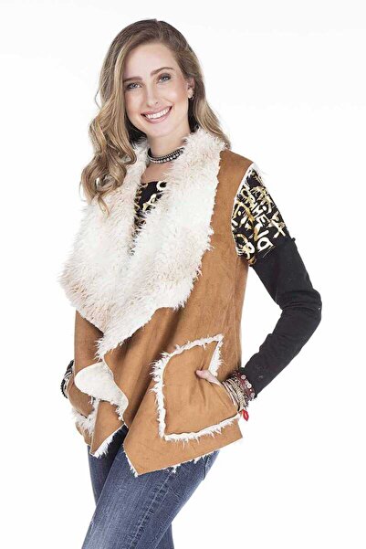 Cipo&Baxx Women's Brown Fur Lined Pocket Sleeveless Camel Loose Vest