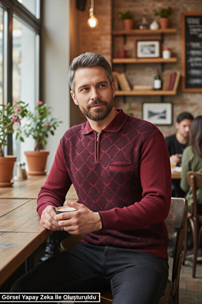 Kamalı Men's Burgundy Anti-Pilling Standard Fit Polo Neck Knit Sweater with P...