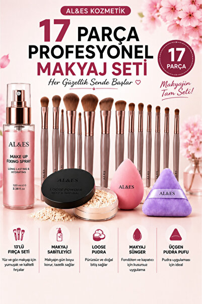 AL&ES kozmetik 17 Parça Profesyonel Makyaj Seti | 13'lü Fırça, Makyaj Sabitle...