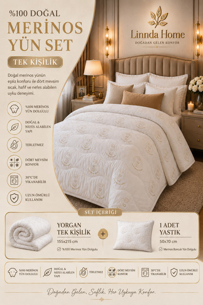Linnda Home Tek Kişilik Merinos Yün Yorgan Seti + 1 Adet Boncuk Yün Yastık