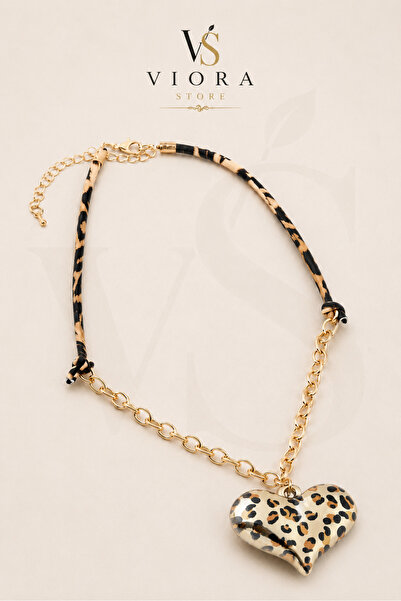 Genel Markalar Viora Store Wild Heart Leopar Desenli Kalp Uçlu Gold Zincir Ka...