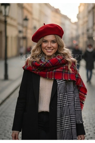 la_hatun Ekose Luxury Çift Taraflı Omuz Şalı İle Fransız Ressam Şapka Takımı