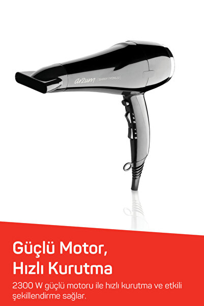 Arzum AR5007 Shiny İyonlu Saç Kurutma Makinesi, Difüzörlü Başlıklı, 2200W, Siyah