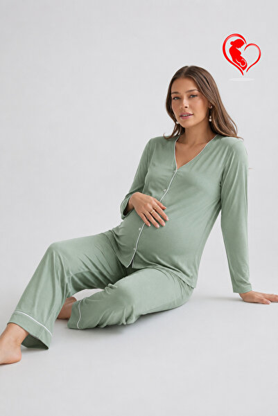 Mivoon Bambu Kumaş Hamile Pijama Takımı - Düğmeli Fitilli Model M-6XL