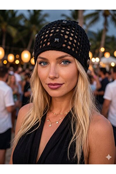 Trend Şapka 19071 Siyah El Yapımı Fileli Taşlı Örgü Bandana Şapka Bere
