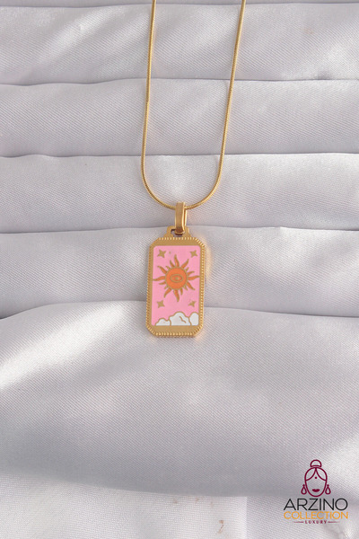 Generic Brand 316L Steel Gold Color Pink Enameled Sun Model Tarot Necklace