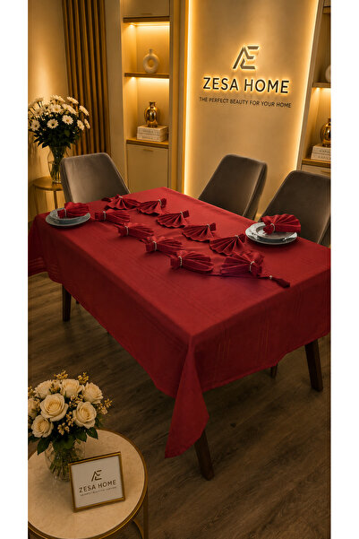 ZESA HOME Colber Stripe Detailed Tablecloth Red 18 Pieces for 8 People - Tabl...