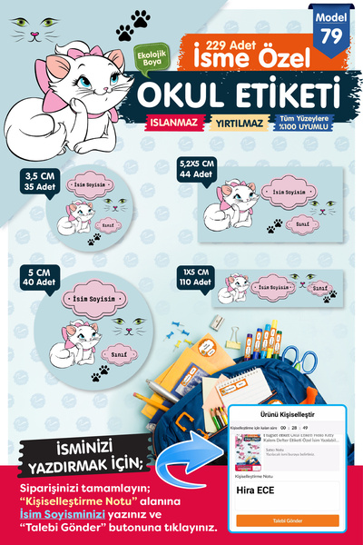 t tuğset etiket Okul Etiketi Kalem Defter Etiketi Özel Isim Yazılabilen Etiket Seti - Isim Etiketi-t524-oe79