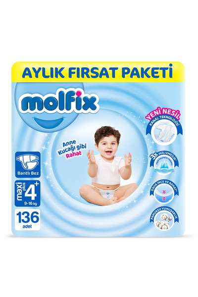 Molfix Bebek Bezi 4+ Beden Maxi Plus Aylık Fırsat Paketi 136 Adet