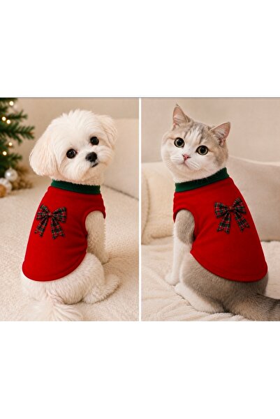 atelyu Cat Dog Outfit Red Fleece Bow Printed Christmas Sweathirt