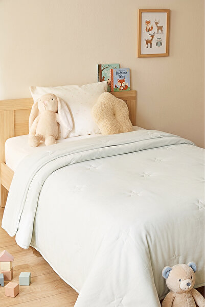 Ocean Home Textile %100 Pamuk Penye Mavi Yıldız Nakışlı Çocuk Tek Kişilik Yorgan Çok Amaçlı Örtü 155 x 215