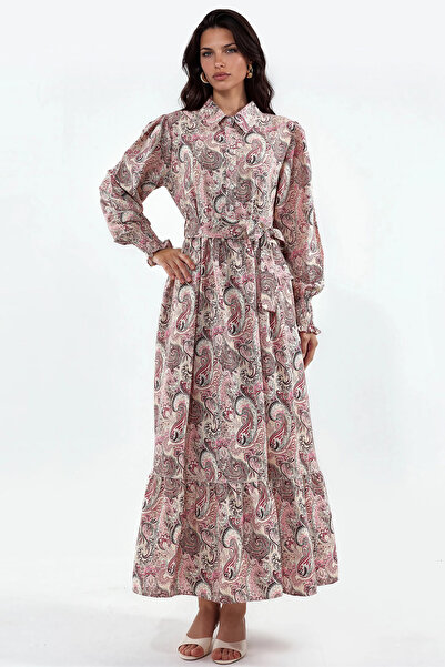 Merterium Women's Belted Hijab Dress 1511 - Pink