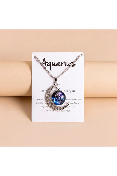 Choice Aquarius Vintage 12 Zodiac Sign Moon Pendant Necklaces Star Glass Neck...