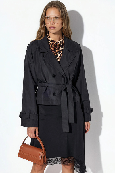 Merterium Women's Belted Short Trench Coat 1570 - Black