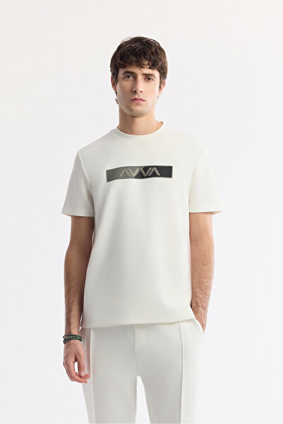 Avva Men's Ecru Crew Neck Printed Bi-Stretch Interlock Regular Fit T-Shirt A5...