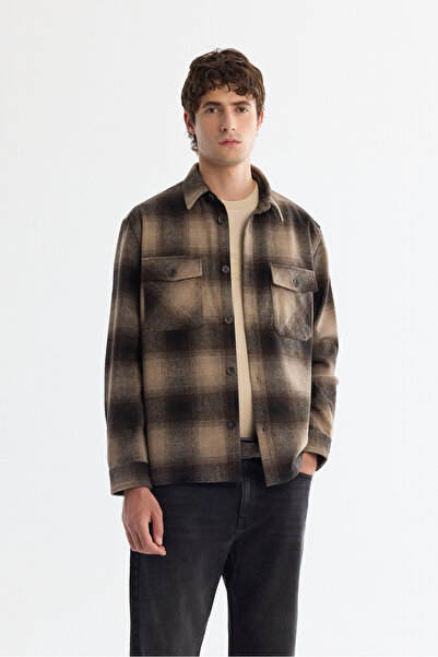 Avva Men's Brown Classic Collar Plaid Wool Blend Comfort Fit Shirt Jacket A42...