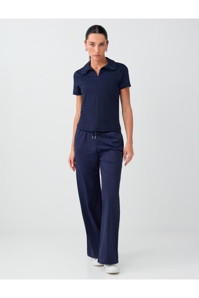 Jimmy Key Navy Blue Slim Fit Short Sleeve Polo Collar Knitted Blouse