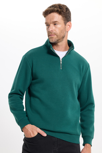 Tudors Unisex Relax Fit Rahat Kesim Pamuklu Içi Polarlı Yarım Fermuarlı Haki ...