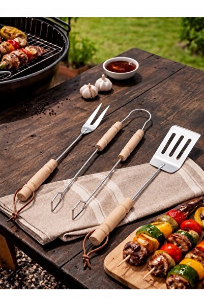 Binbirreyon Mangal Aksesuar Seti Maşa Spatula Çatal 3 Parça Ahşap Saplı 43cm ...