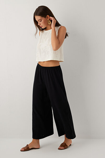 İpekçi Otantik Palm Tree Patterned Etamine Textured Women's Trousers Black