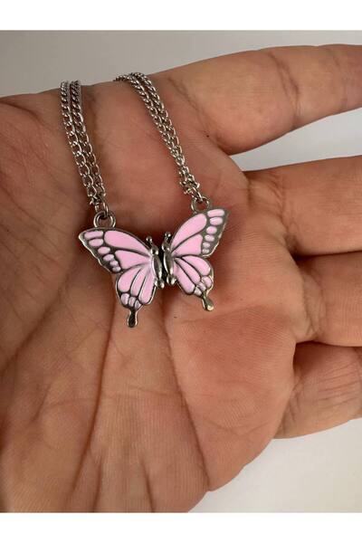 Herşey Nota Pembe Mıknatıslı Kelebek Kolye – Unisex, Çift ve Arkadaşlık Hediye Seti