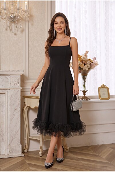 ALFUDO Moda Collection Kadın Siyah Tül Detaylı Askılı Midi Boy Abiye Mezuniye...
