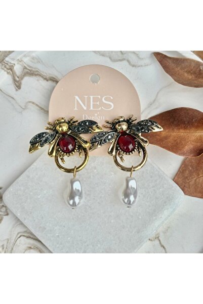 nesdesign Red Bee Earrings with Pearl Dangle