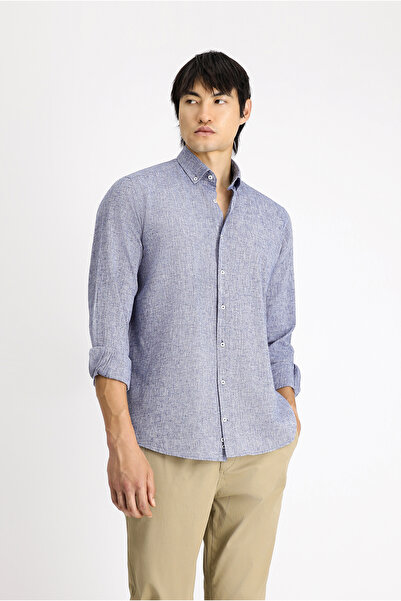 Kiğılı Long Sleeve Regular Fit Sport Button-Down Collar Cotton Linen Slub Shirt