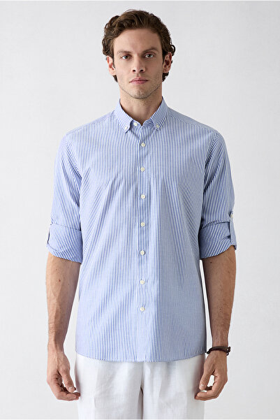 Kiğılı Long Sleeve Regular Fit Buttoned Collar Striped Cotton Easy-Iron Shirt