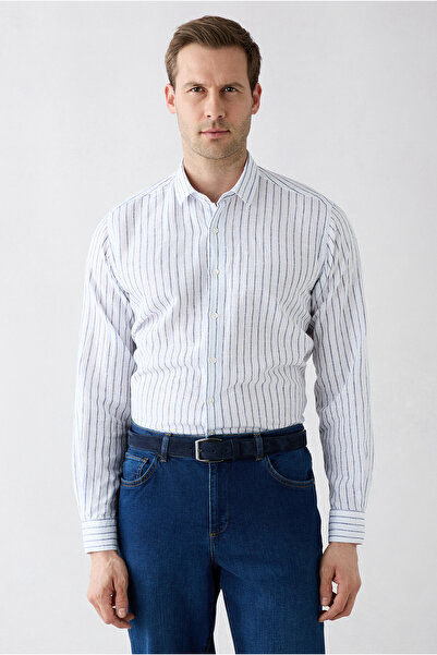 Kiğılı Long Sleeve Regular Fit Striped Cotton Linen Breathable Shirt