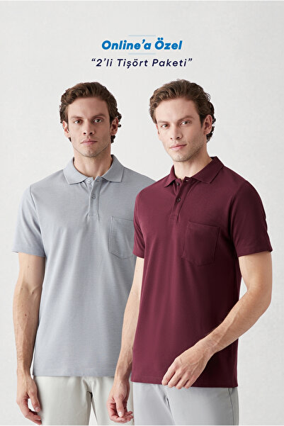 Kiğılı Düğmeli Polo Yaka Cepli Regular Fit Pamuklu Düz 2'li Paket Tişört Seti